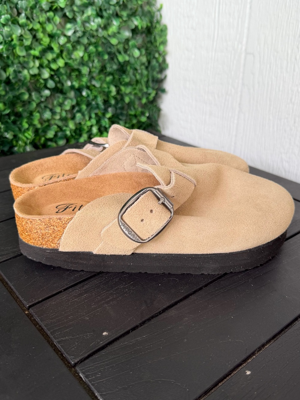 Kids Suede Slip-On Clog with Adjustable Buckle - Tan